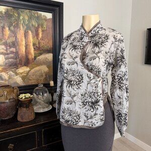 dosa long sleeve high neck cross over w/ ties large floral COTTON BLOUSE
